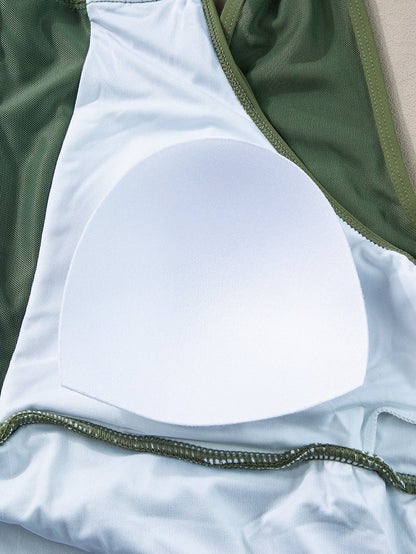 Green Mesh Ruched Tankini with High Neck Plunge