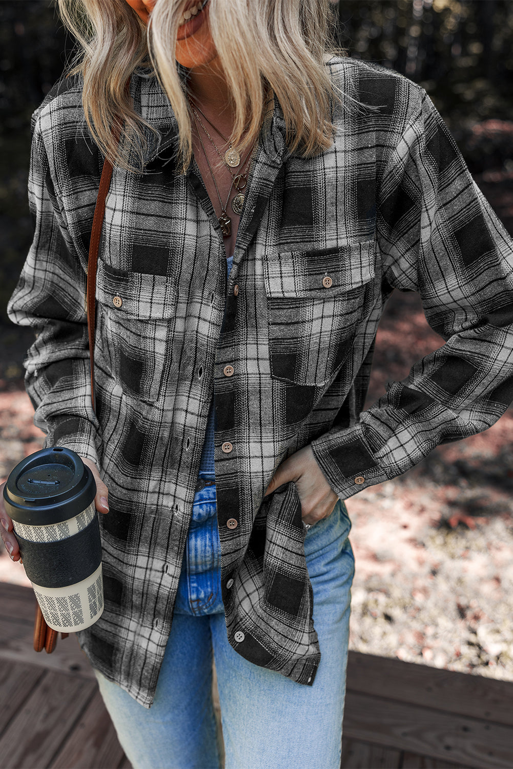 White Retro Plaid Double Flap Pocket Brushed Shacket