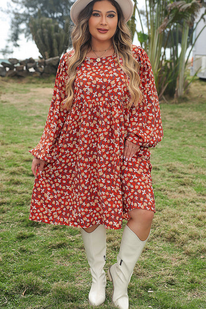 Elegant Gold Floral Square Neck Bubble Sleeve Plus Size Midi Dress