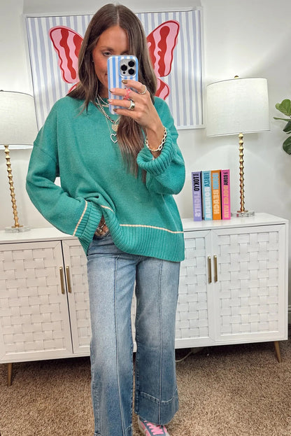 Sea Green Contrast Detail Drop Shoulder Baggy Sweater