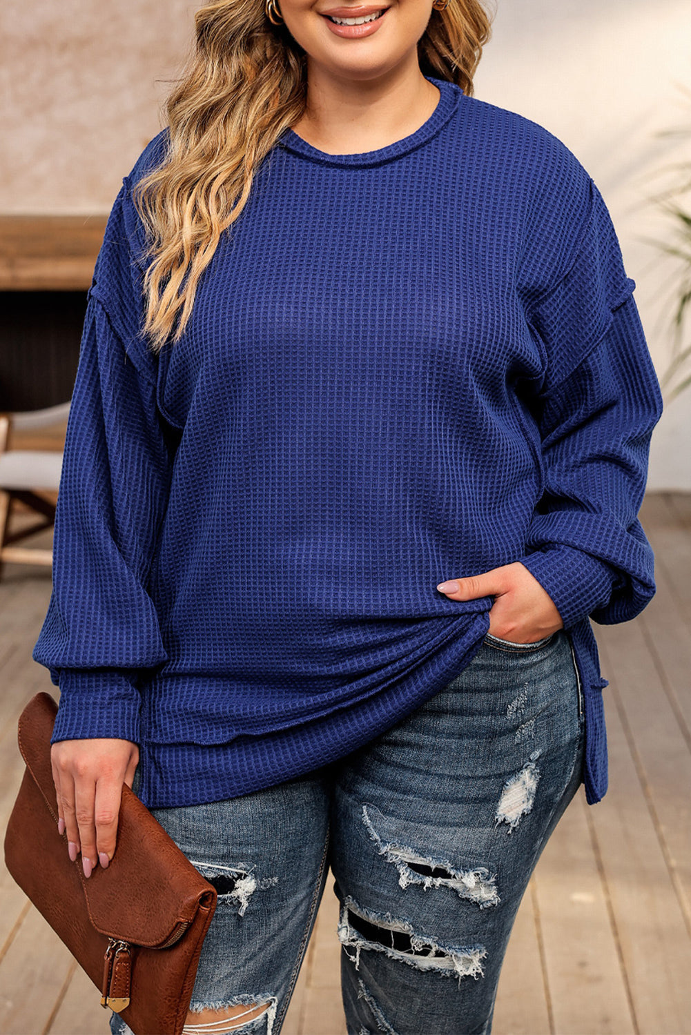 Blue Cozy Waffle Knit Shift Top