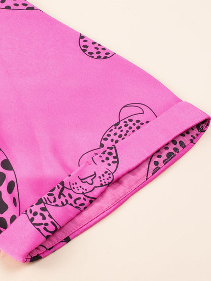 Rose Cheetah Print Half Sleeve Buttoned Plus Size Mini Dress