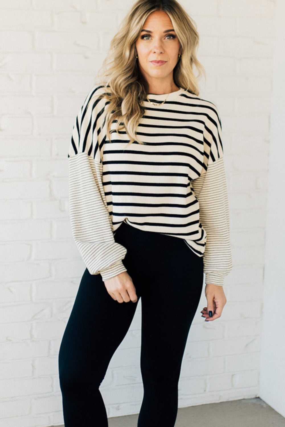 Black Stripe Mixed Pattern Thermal Knit Casual Sweatshirt