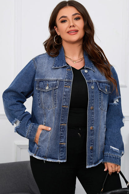 Stylish Plus Size Navy Distressed Denim Shacket
