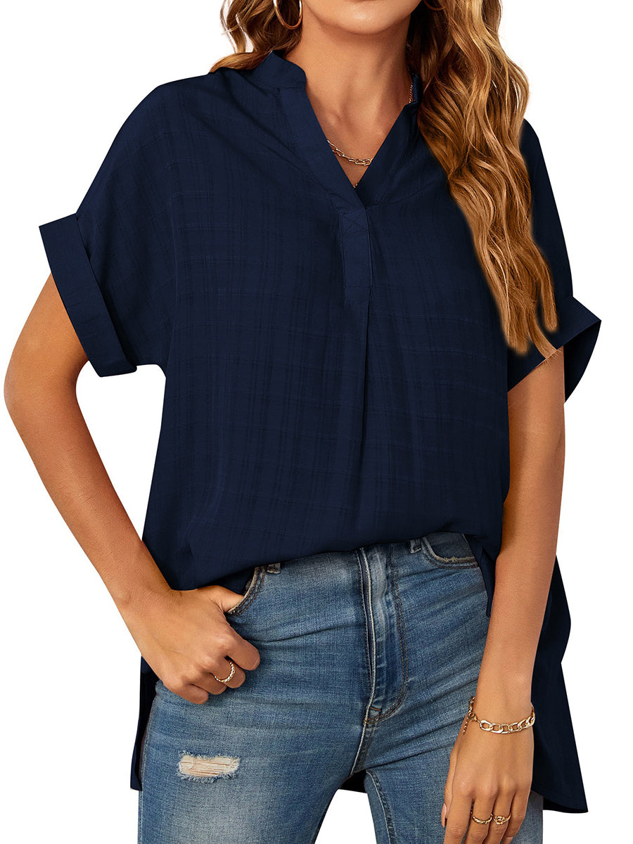 Blouses - V-Neck Thin Loose Plaid Short-Sleeved Blouse - MsDressly