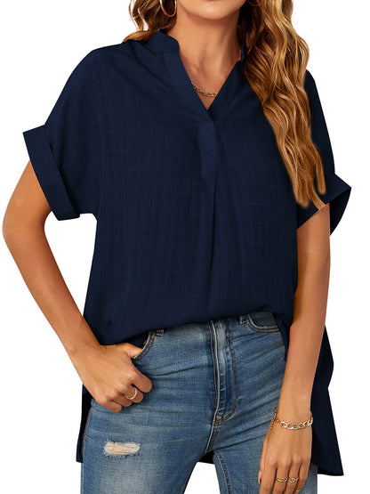 Blouses - V-Neck Thin Loose Plaid Short-Sleeved Blouse - MsDressly