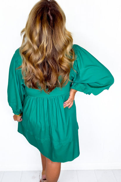 Sea Green Scalloped Trim Bracelet Sleeve High Waist Plus Size Mini Dress