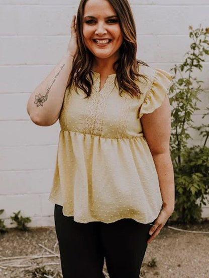 Golden Fleece Plus Size Swiss Dot Lace Trim Split Neck Babydoll Top