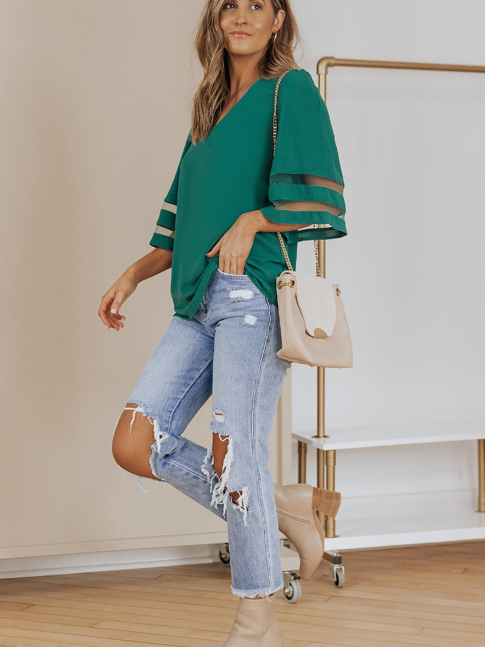 Green Sheer Flare Sleeve V Neck Casual Blouse