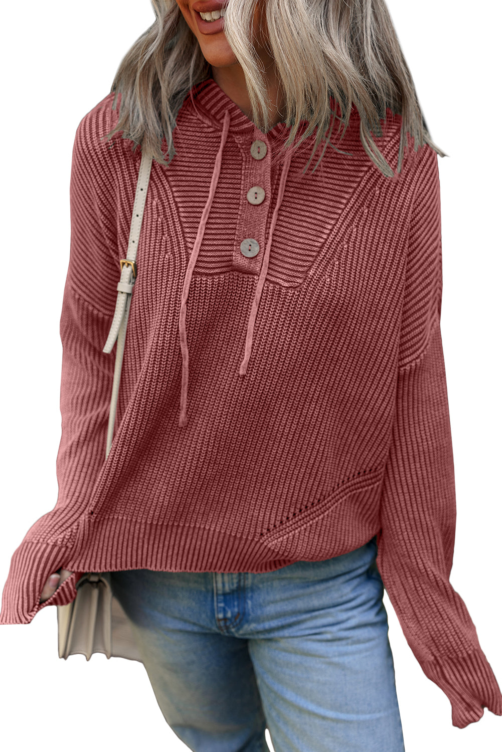 Red Dahlia Mineral Wash Ribbed Knit Button Drawstring Neck Hooded Sweater