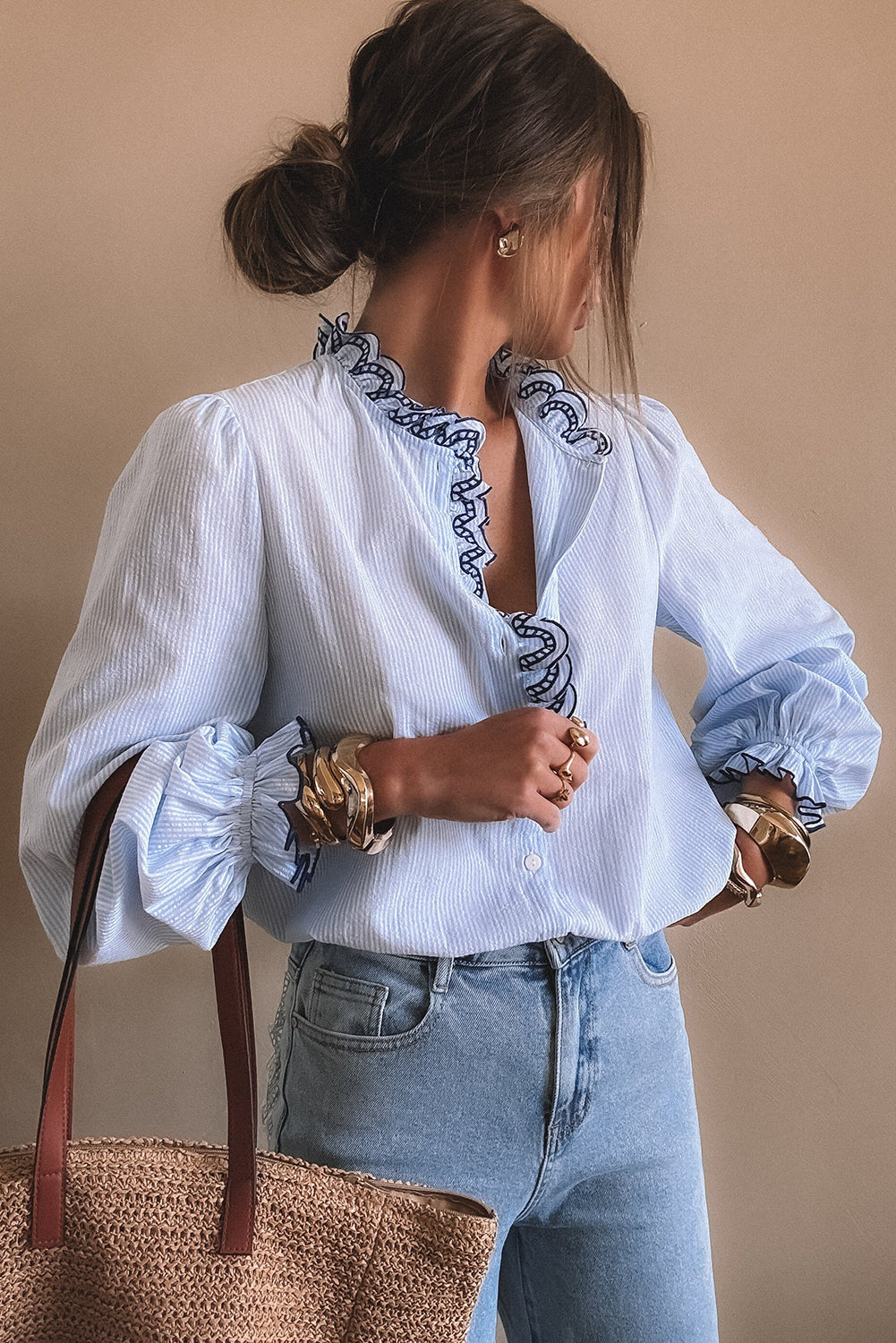 Beau Blue Striped Print Embroidered Ruffle Trim Long Puff Sleeve Shirt