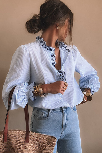 Beau Blue Striped Print Embroidered Ruffle Trim Long Puff Sleeve Shirt