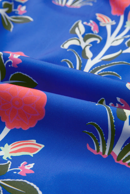 Blue Floral Print Button Detail 3/4 Puff Sleeve Ruffle Hem Dress