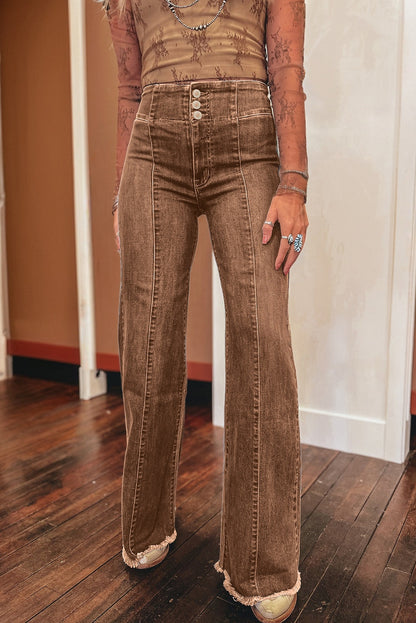Coffee High Waist Button Fly Seamed Raw Hem Flare Jeans