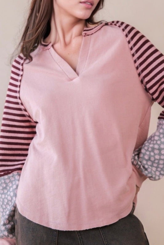 Light Pink Color Block Patchwork Striped Floral Long Sleeve Top