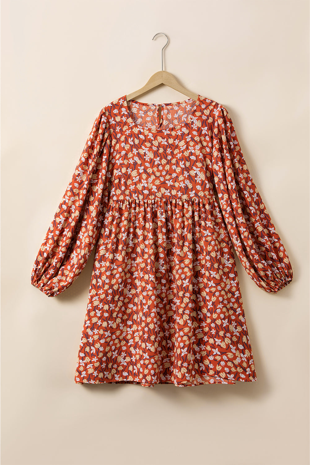 Elegant Gold Floral Square Neck Bubble Sleeve Plus Size Midi Dress