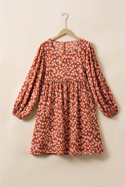 Elegant Gold Floral Square Neck Bubble Sleeve Plus Size Midi Dress