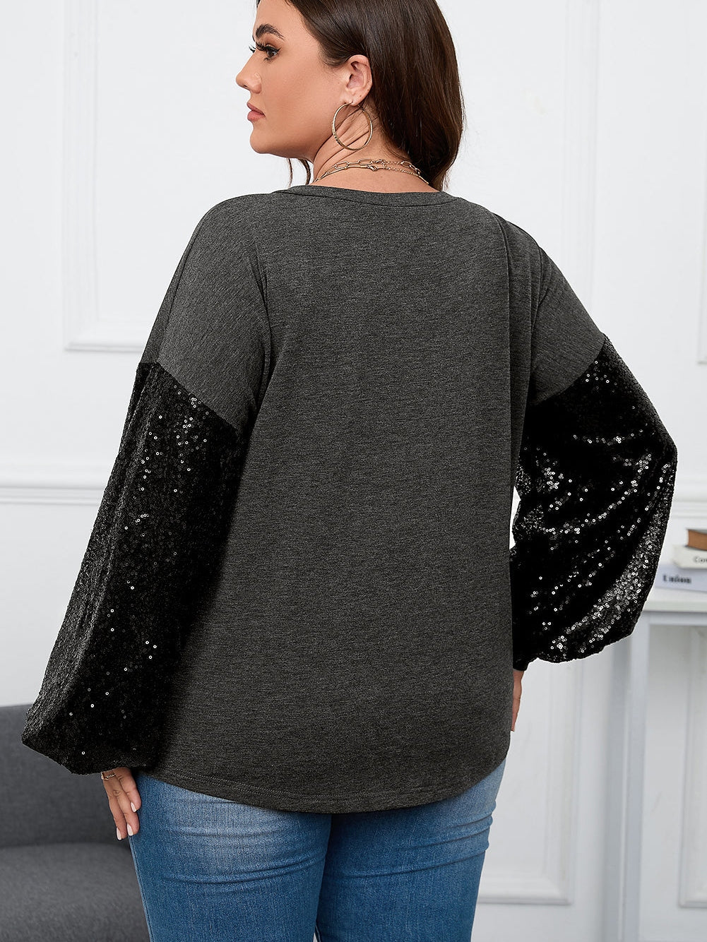 Black Plus Size Sequin Bubble Sleeve V Neck Knit Top