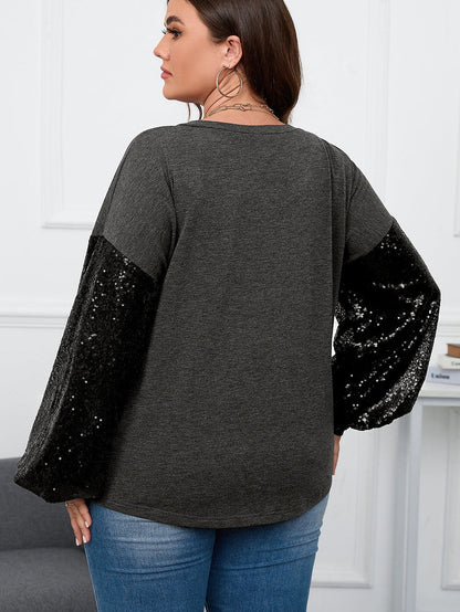 Black Plus Size Sequin Bubble Sleeve V Neck Knit Top