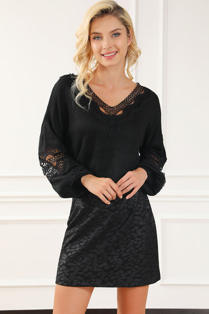 Elegant Black Lace V-Neck Knit Sweater with Hollow Details