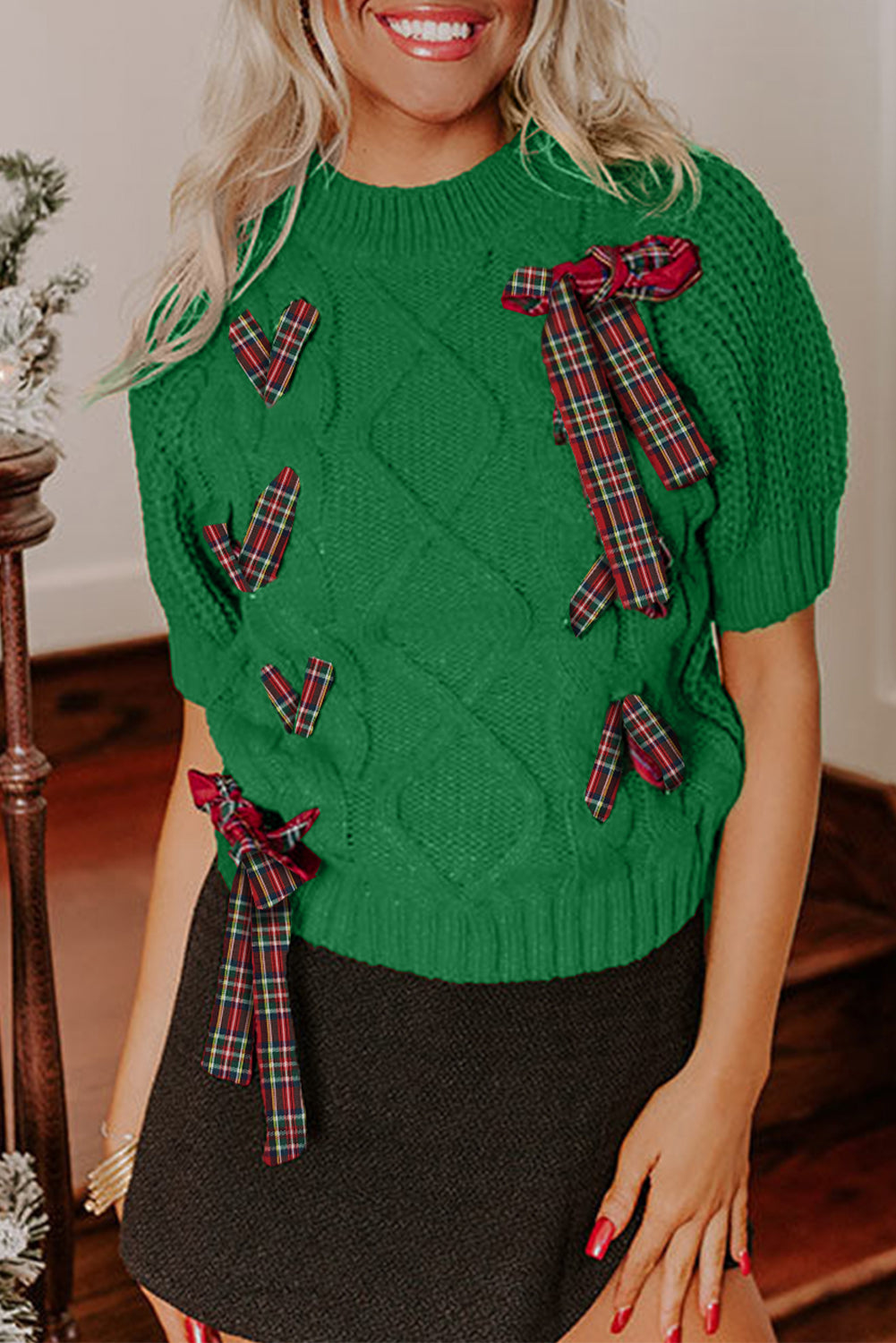 Bright Green Plaid Lace up Detail Christmas Holiday Puff Short Sleeve Sweater