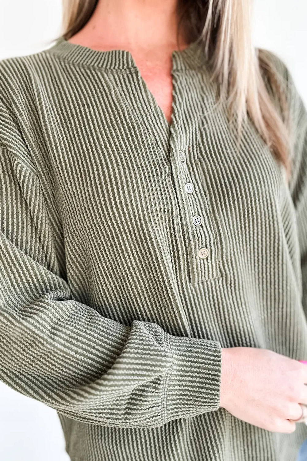 Seagrass Twisted Ribbed Half Button Long Sleeve Loose Top