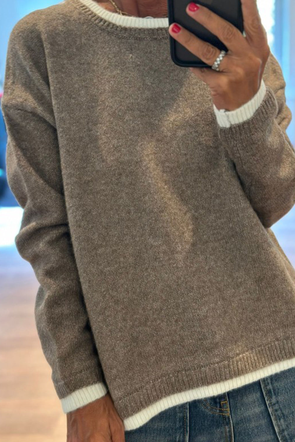 DUNE Contrast Color Trim Round Neck Loose Sweater