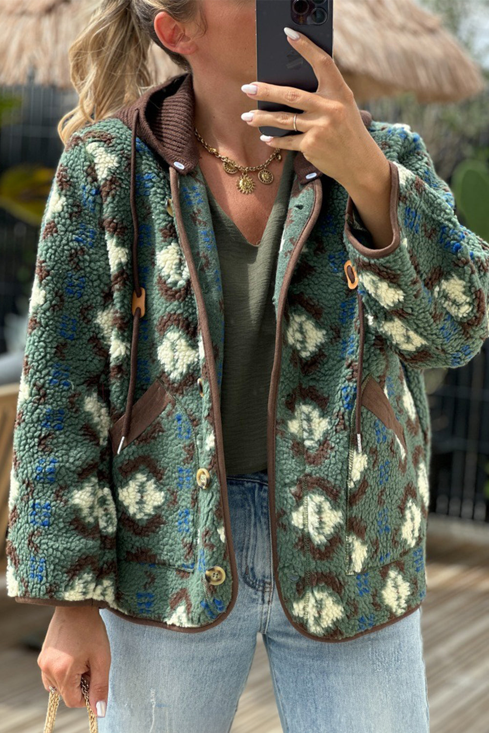 Green Western Plush Contrast Hood Patchwork Button Down Jacket