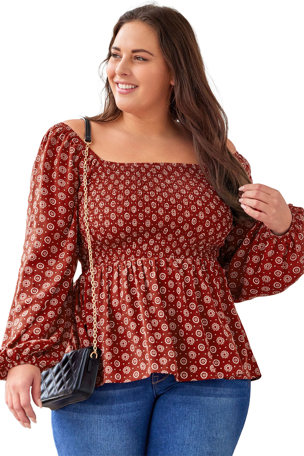 Fiery Red Plus Size Square Neck Printed Peplum Top