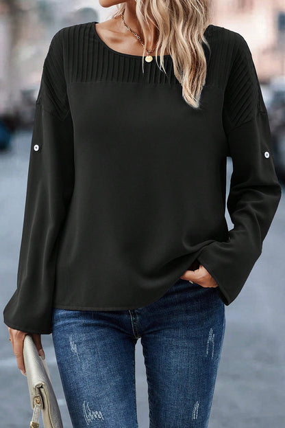 Elegant Black Stitched Sleeve Round Neck Blouse