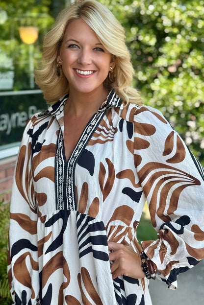 Brown Tropical Printed Contrast Trim Neck Long Sleeve Ruffle Hem Dress