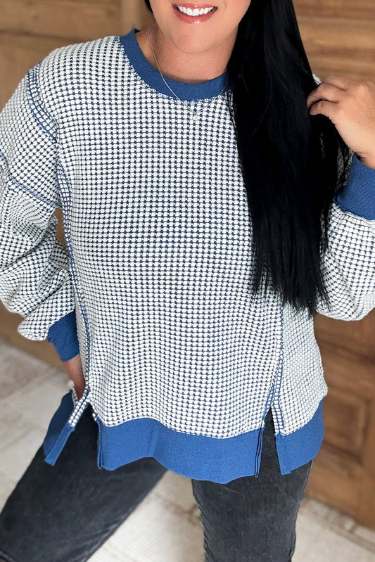 Blue Plus Size Round Neck Textured Knit Exposed Seam Drop Shoulder Sweatshirt