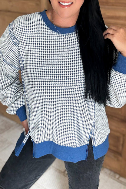 Blue Plus Size Round Neck Textured Knit Exposed Seam Drop Shoulder Sweatshirt