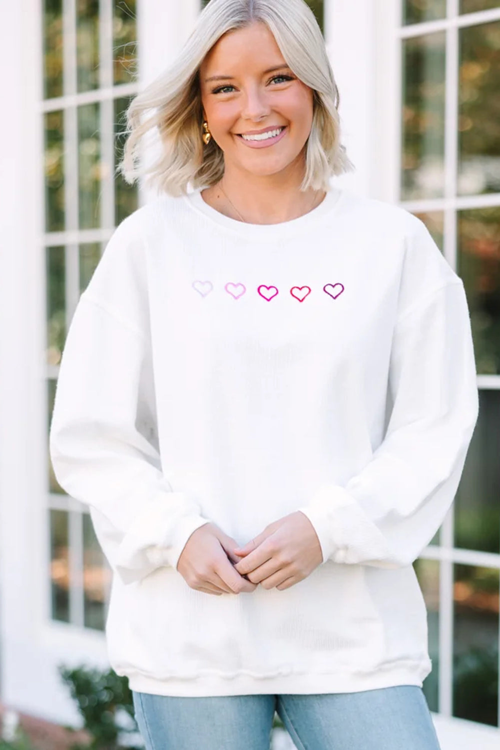 White 3d Ribbed XOXO Heart Embroidered Drop Shoulder Sweatshirt