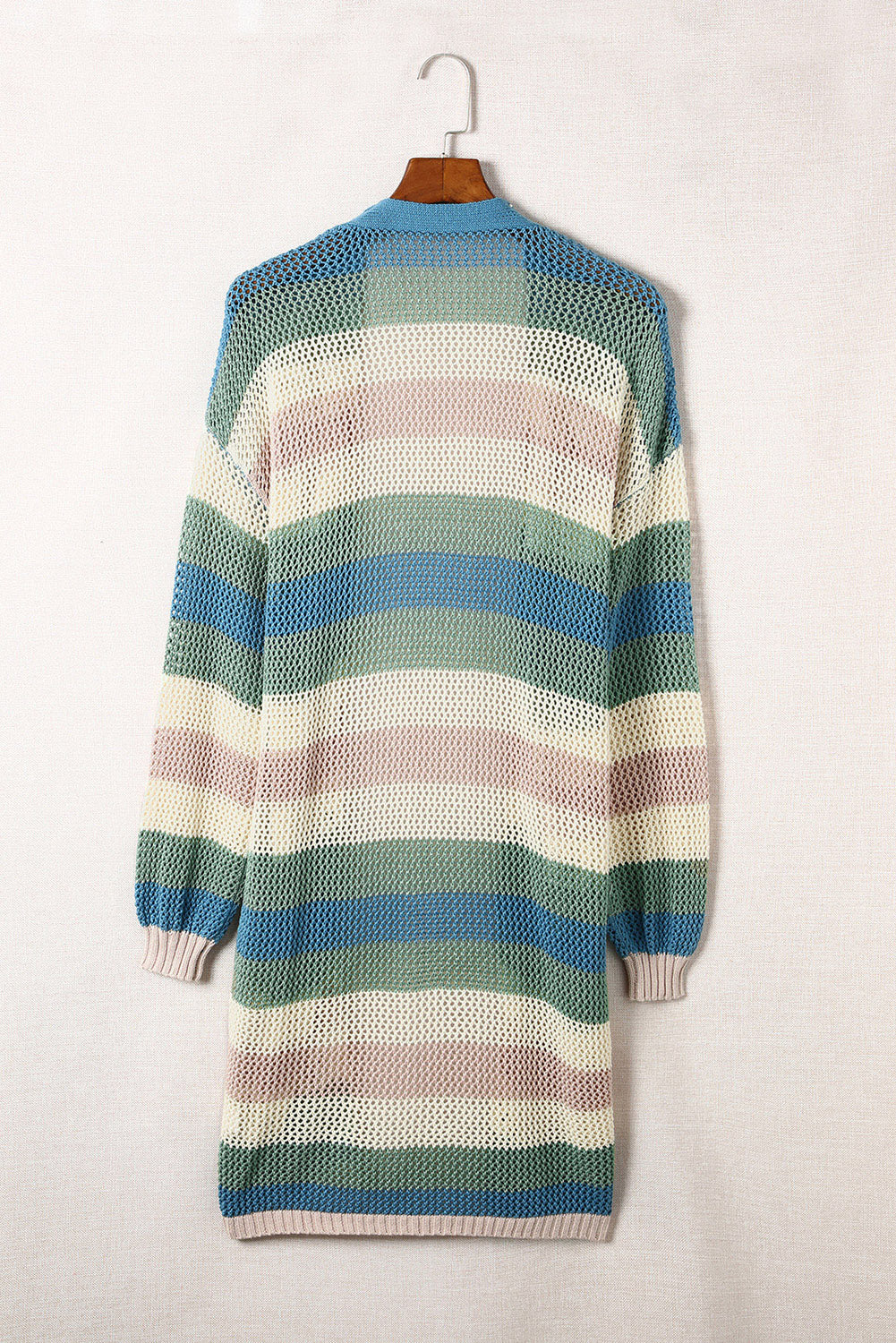 Green Hollowed Knit Color Block Striped Cardigan for Fall