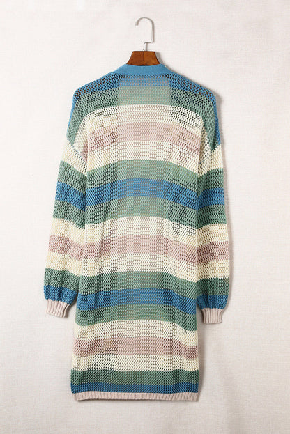 Green Hollowed Knit Color Block Striped Cardigan for Fall