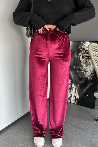 Pitaya Pink Shiny Velvet Drawstring High Waist Straight Leg Casual Pants
