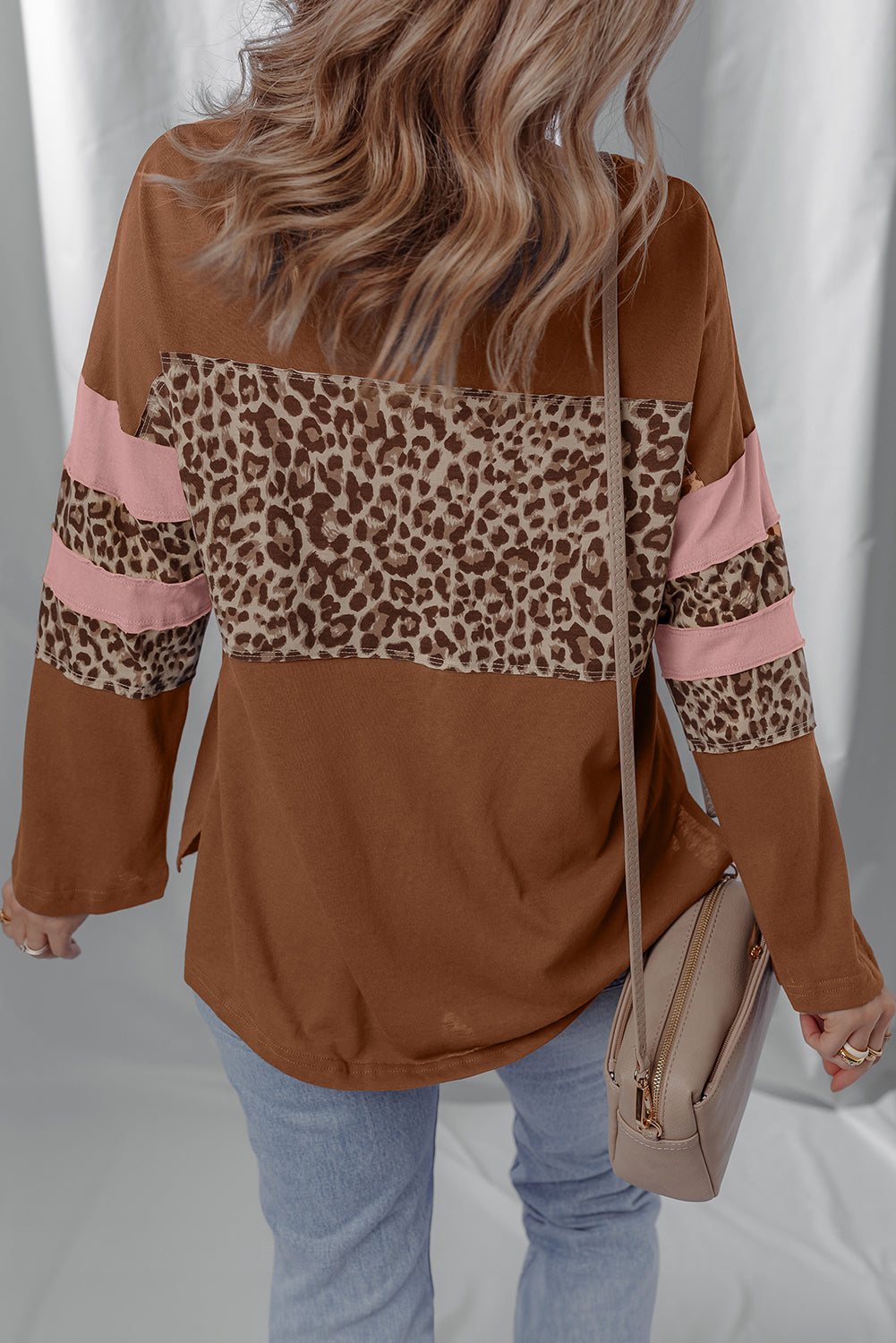 Brown Leopard Colorblock Patchwork Long Sleeve Drop Shoulder Top