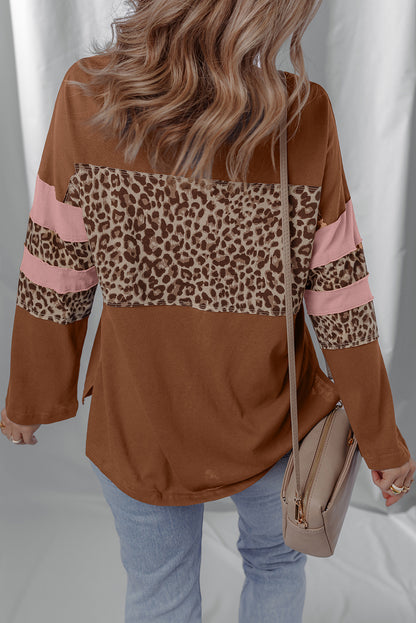 Brown Leopard Colorblock Patchwork Long Sleeve Drop Shoulder Top
