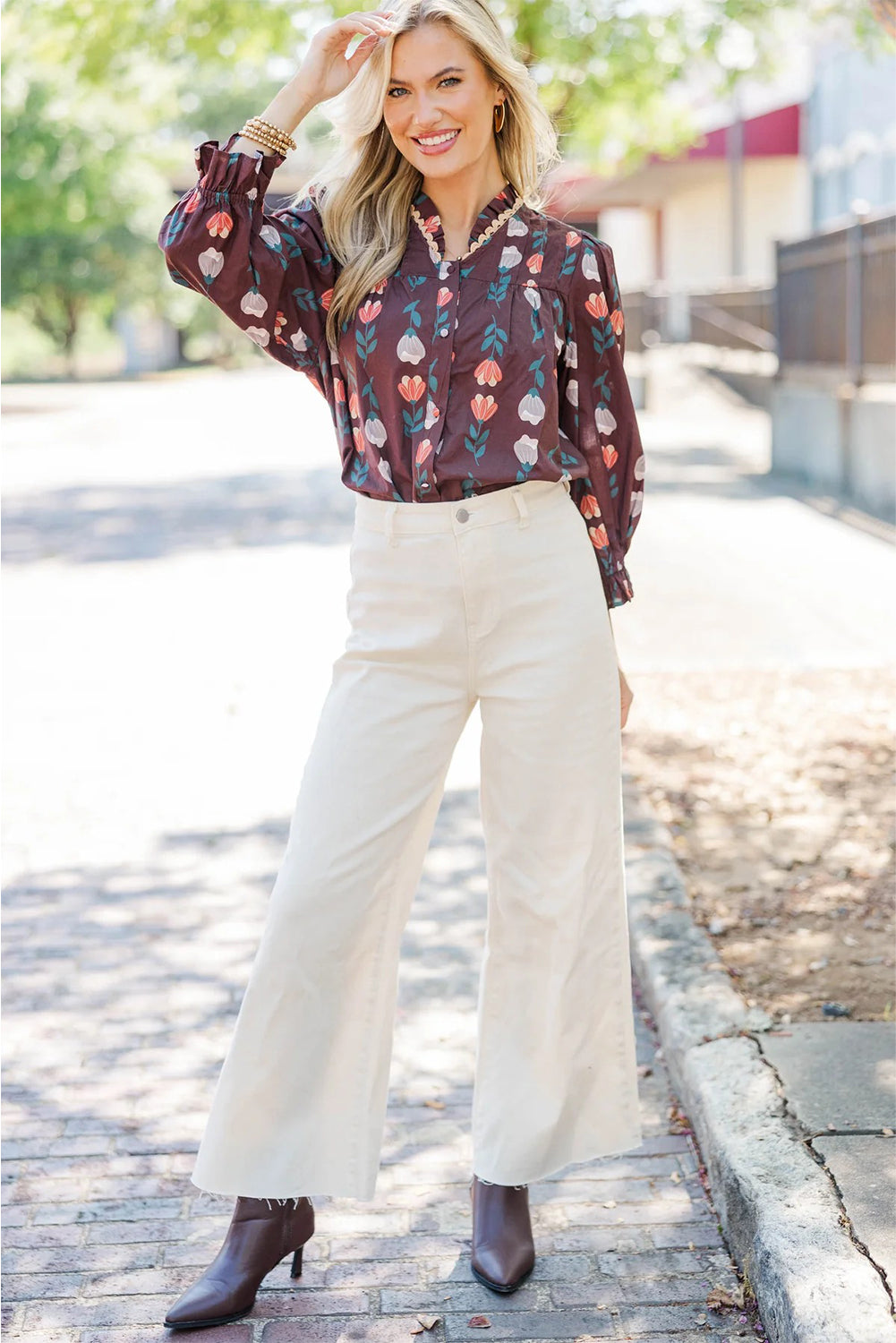 Brown Floral Print Frilled Ricrac Trim Collar Long Sleeve Shirt