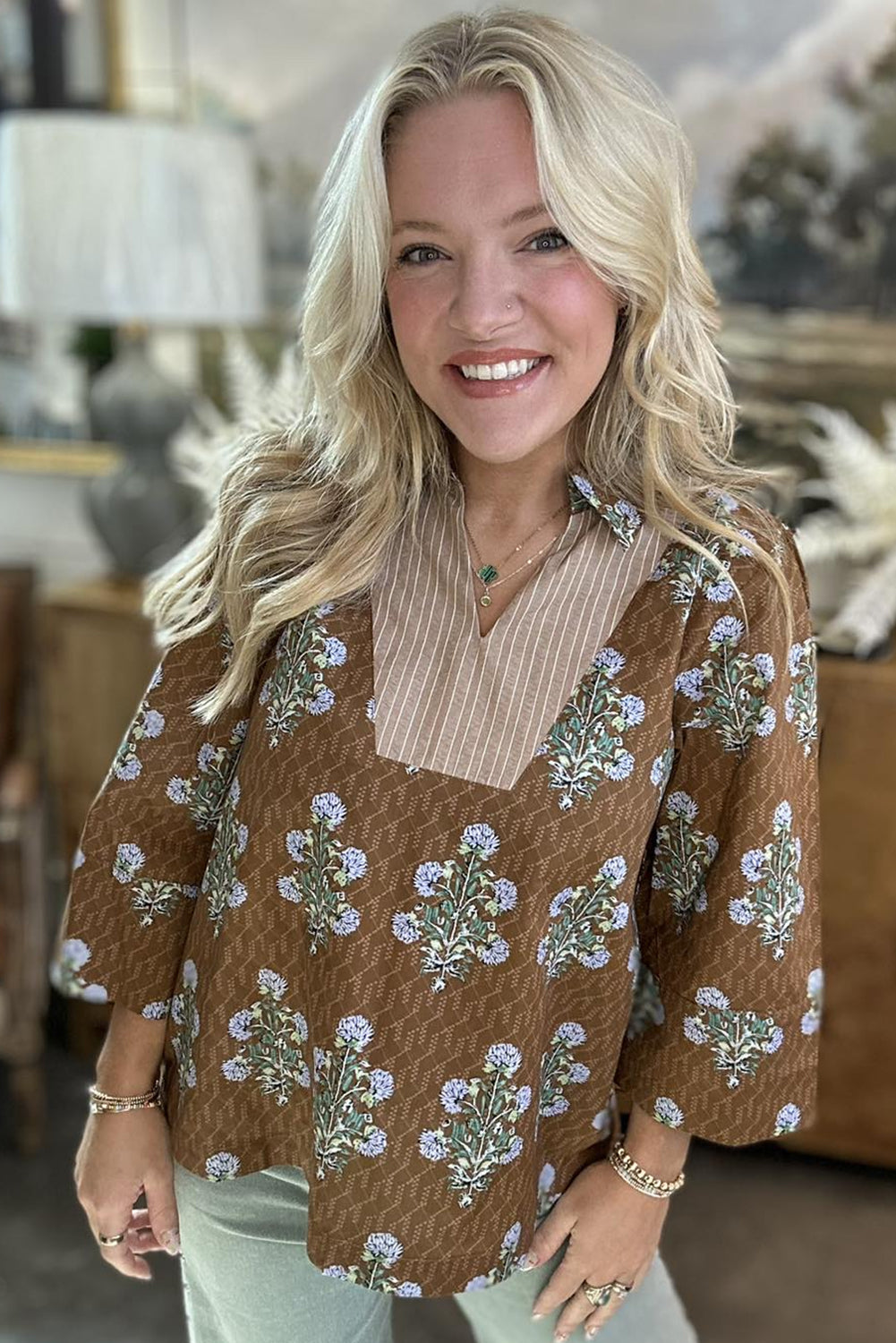 Brown Plus Size Floral Print Striped Patchwork V Neck Blouse