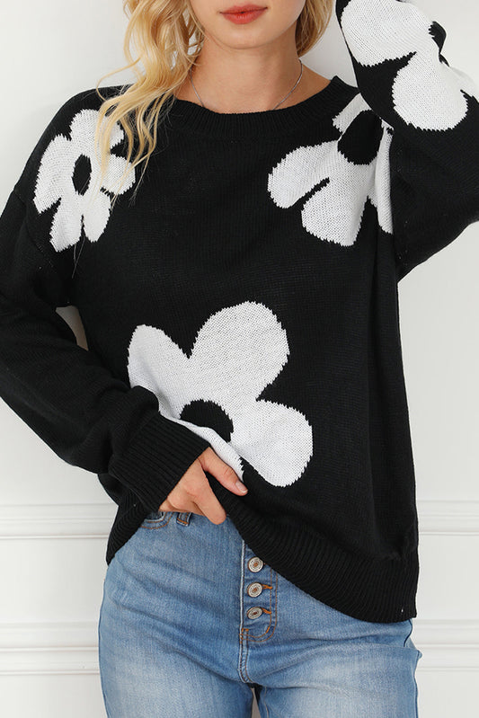 Elegant Black Floral Knit Sweater