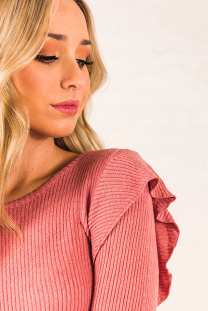 Coral Ribbed Ruffled Round Neck Long Sleeve Knit Top