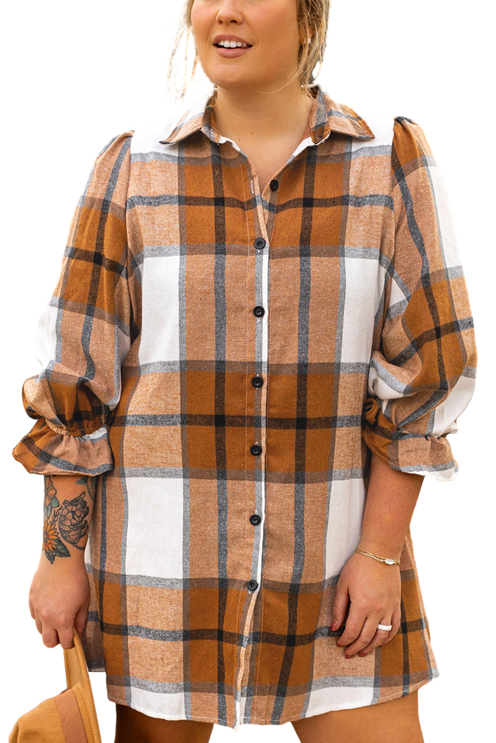 Khaki Plaid Flounce Sleeve Button up Shirt Dress for Curvy Fashionistas