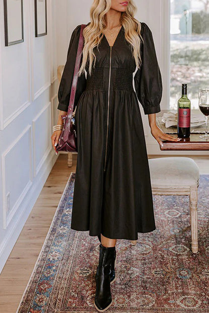 Black Smocked Waist Zipped Front Bracelet Sleeve Fit Flare Midi Dress