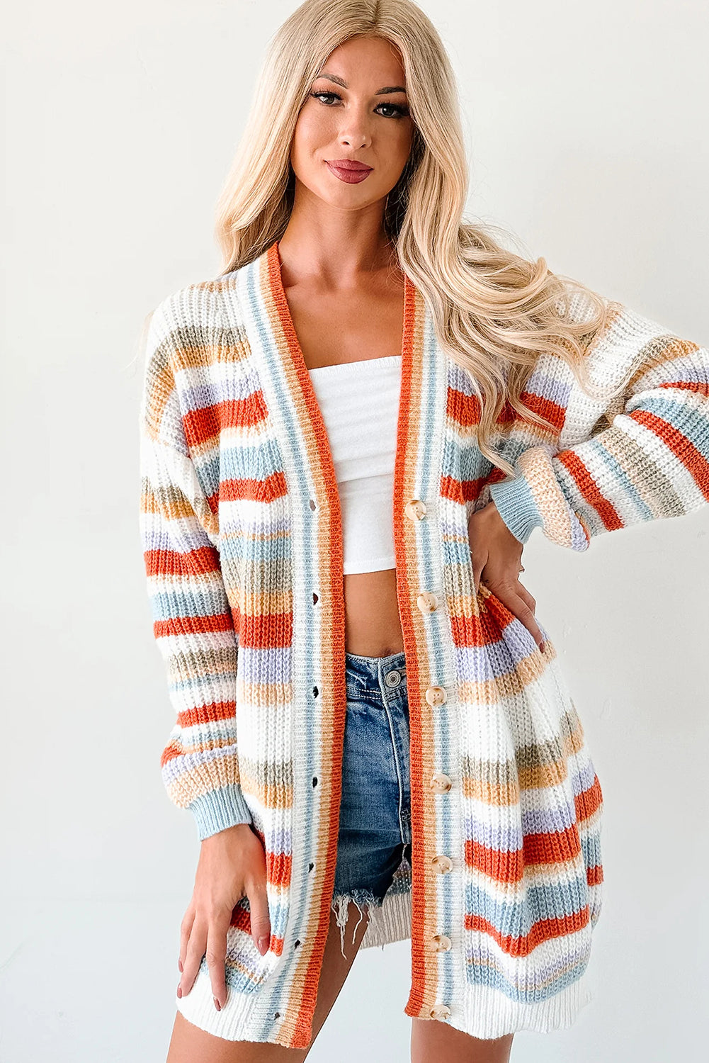 Orange Striped Knit Button V Neck Tunic Sweater Cardigan