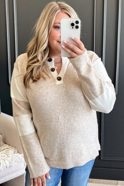 Parchment Color Block Sleeve Button Notched Neck Plus Size Sweater