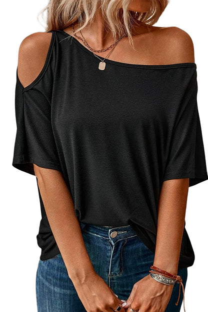Asymmetric Neck Loose Fit Black T-Shirt with Cut Out Detail