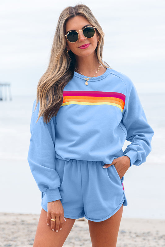 Beau Blue Accent Pullover and Shorts Two Piece Casual Set