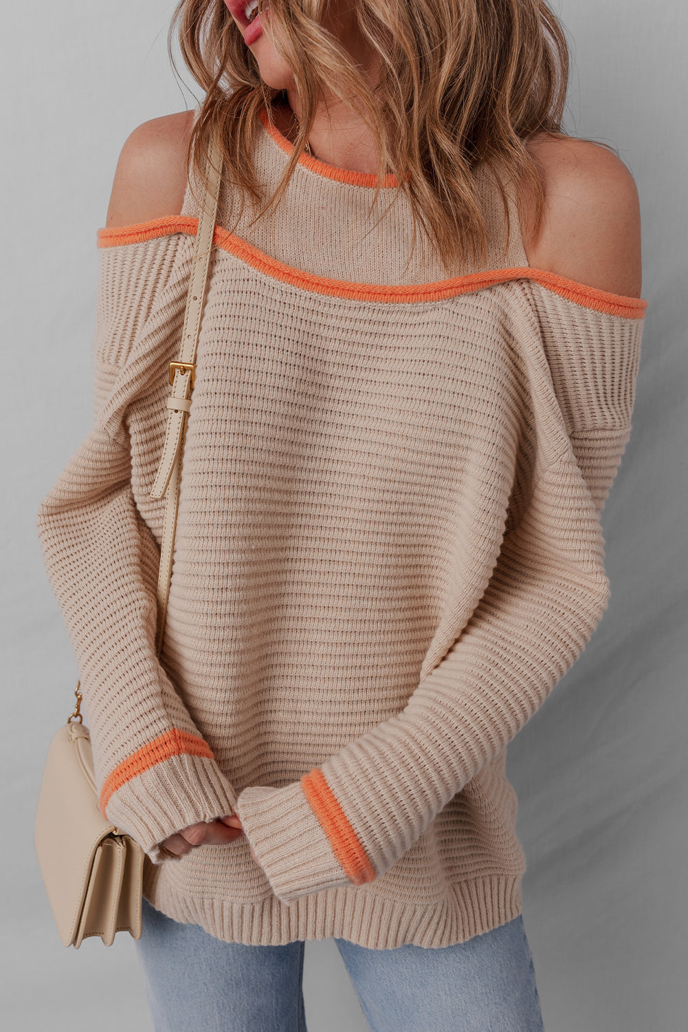 Parchment Contrast Trim Cold Shoulder Patchwork Knit Loose Sweater